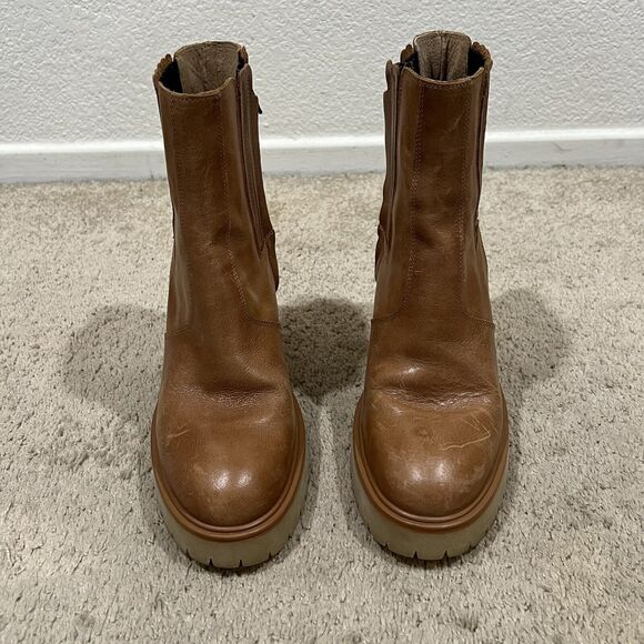 Free People James Chelsea Tan Leather Boot, Lugg Platform Sole Zip 40/10 Boho - Picture 4 of 9